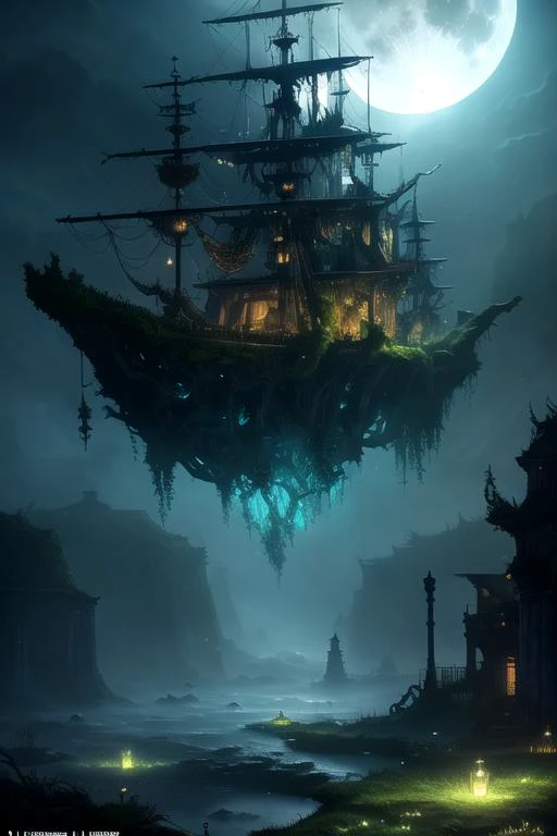 ship, high-fantasy, magical effects, hyper realistic, hyper detailed, mysterious air, ancient and abandoned, grown-over, luminescent moss, dark atmosphere, glowing lights spread evenly, very aesthetic, beautiful underwater scenery in the background,full moon