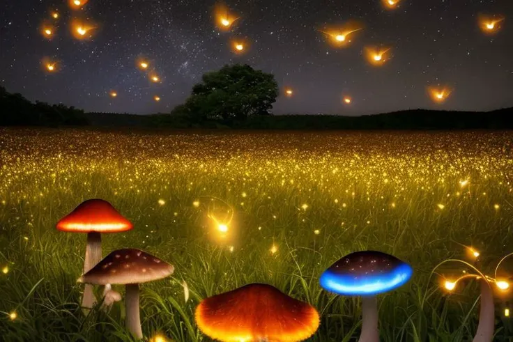 nightscape, summer, fireflies, bioluminescent mushrooms