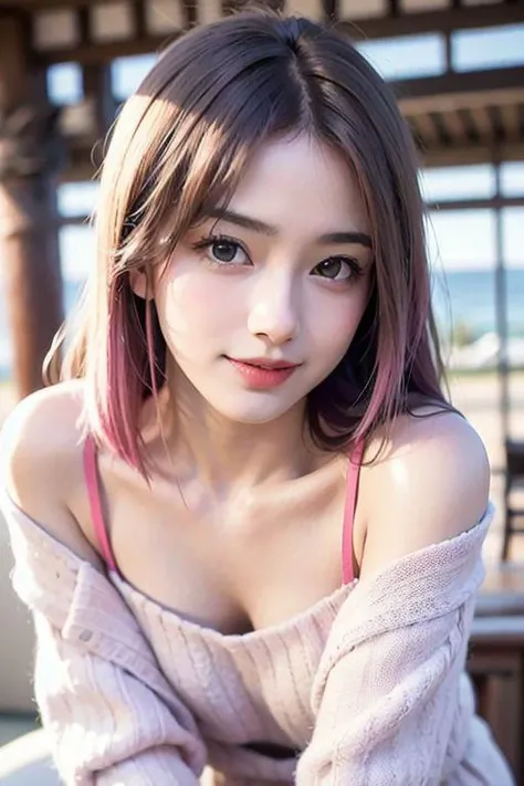 (((long hair color,shiny hair)))
(((cute girl,pink off shoulder sweater, sheer, feminine)))
(((18yo,glossy skin,from the kneet up)))
(((seaside))),(())
(small round face:1.5),(japanese:1.5)(small breast:0.8)
Professional portrait, beautiful smile,Super slender body,
((real japanese idol cute woman,)), lound face, simple blurry background, extreme blush,
((cute small breast,normal hand, normal fingers)),
perfect light,narrow shallow depth of field, sharp focus on subject, sun softly hits her face, sharp focus, realistic, high definition,dynamic pose,
((photorealistic,1girl))mix4,