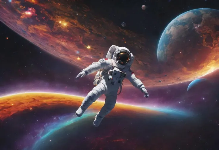 an astronaut floats through space, helpless, stranded, stars and planets, blackness of space with vibrant stars and planets in background