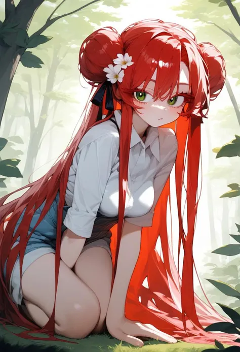 score_9, score_8_up, score_7_up, best quality, source_anime BREAK, Eatsleep1111, 1girl, medium breasts, very long deep red hair wavy, long red eyelashes, small flower-buns on the sides of the head, loose hair, some black locks, green eyes, hair parting in the middle, light warm skin, thick thighs, full body, warm background room, forest, farmer outfit <lora:Eatsleep1111v2:1>,