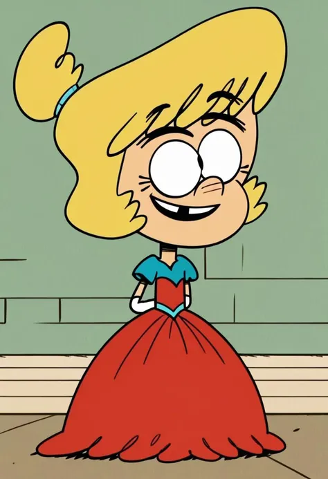 score_9, score_8_up, score_7_up,becky, The Loud House Style, 1girl, solo, blonde hair, short messy hair, hair tie, Very long large straight tulle turquoise princess ball gown hoop skirt, ball gown hoop skirt, smiling, turquoise princess dress, hoopdress, my big princess gypsy wedding dress, ballgown, a girl in a dress posing for a picture, wearing a ballgown