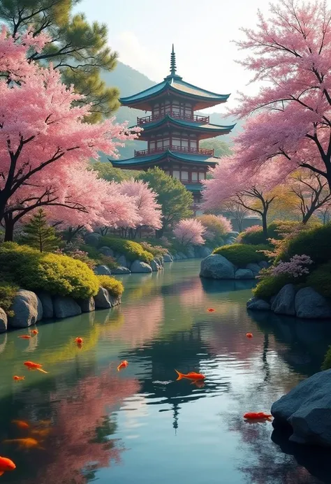 a serene Japanese garden with a koi pond, cherry blossom trees, and a pagoda in the background