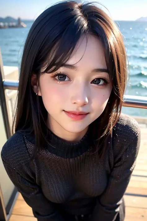 (((long hair black color,shiny hair,standing)))
(((cute girl,fitted sweater dress, sheer, feminine)))
(((18yo,glossy skin,from the kneet up)))
(((seaside))),(())
(small round face:1.5),(japanese:1.5)(small breast:0.8)
Professional portrait, beautiful smile,Super slender body,
((real japanese idol cute woman,)), lound face, simple blurry background, extreme blush,
((cute small breast,normal hand, normal fingers)),
perfect light,narrow shallow depth of field, sharp focus on subject, sun softly hits her face, sharp focus, realistic, high definition,dynamic pose,
((photorealistic,1girl))mix4,