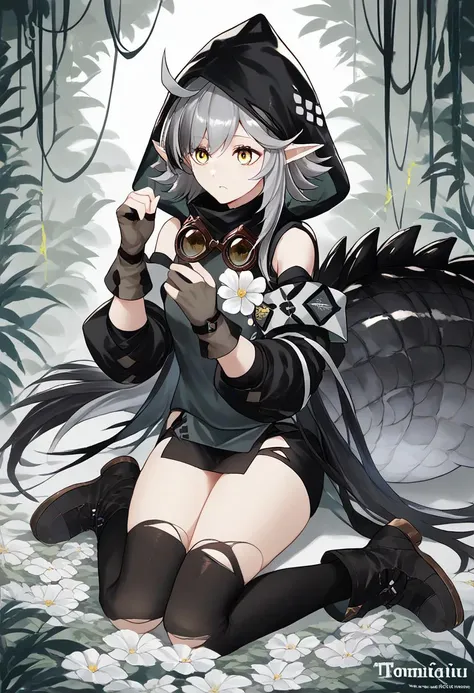 ((Masterpiece)), (Best Quality), Solo, miosha1, hair ornament, ponytail, wolf tail, swimsuit, white shorts, thigh strap, black jacket, leaf print, collar, string bikini, (NSFW:2.0)