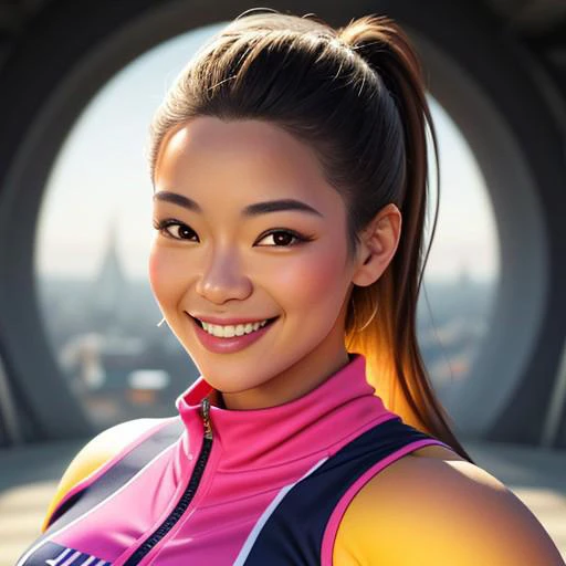 An ultra-realistic, fit, and attractive young adult woman with a blend of Asian and Danish European features. A close-up portrait shows a playful and cheerful smile, showcasing thick, rainbow-like, curvy eyebrows and a healthy, glowing complexion. Emphasize her energetic and positive vibe, highlighting her toned physique and stylish workout attire; An ultra-realistic, fit, and attractive young adult woman with a blend of Asian and Danish European features. A close-up portrait shows a playful and cheerful smile, showcasing thick, rainbow-like, curvy eyebrows and a healthy, glowing complexion. Emphasize her energetic and positive vibe, highlighting her toned physique and stylish workout attire;