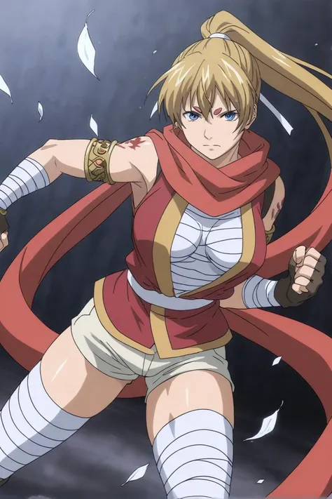 best quality,masterpiece,looking at viewer,absurdres,1girl,score_9,score_8_up,score_7_up,source_anime BREAK <lora:035-å¥çç¥è¯LC-让å¶XLV1:0.8>,crane no yuzuriha,blue eyes,blonde hair,ponytail,thick eyebrows,long hair,red vest,scarf,sarashi,open clothes,shorts,white shorts,bandages,bandaged arm,bandaged leg,arm tattoo,breasts,armlet,fingerless gloves,thighhighs,fighting against the viewer, dynamic pose