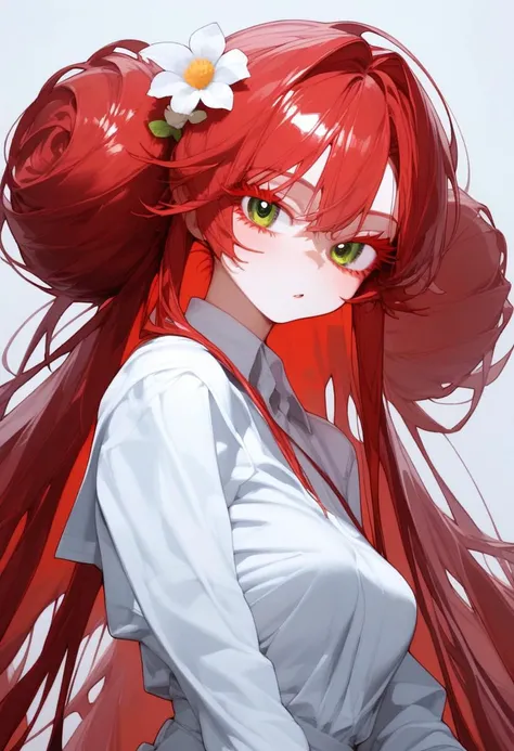 score_9, score_8_up, score_7_up, best quality, source_anime BREAK, Eatsleep1111, 1girl, medium breasts, very long deep red hair wavy, long red eyelashes, small flower-buns on the sides of the head, loose hair, some black locks, green eyes, hair parting in the middle, light warm skin, thick thighs, full body, warm background room, forest, farmer outfit <lora:Eatsleep1111v2:1>,
