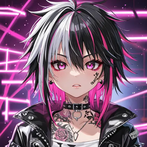 Anime illustration of a punk model with short, multicolored hair, wearing short leather outfit, sporting an animal tattoo, vibrant and edgy, highres, detailed, anime, punk style, multicolored hair, animal tattoo, vibrant colors, edgy atmosphere, monoton background.