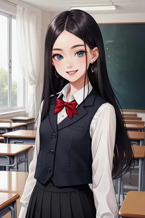 4k full HD, the highest quality, a masterpiece, an image of exceptional clarity, with high resolution and incredible detail. This image was created with great care and attention to every aspect. It is a work of art with a high degree of detail. (beautiful flat chest, small bust and slim figure) Stunning image quality, high resolution and excellent (best quality, high-quality masterpiece: 1.2, portrait, 4k full HD,in a black skirt and a white blouse. She has long black hair and blue eyes, and is about 60 centimeters tall. She has long, black and straight hair, and she has a friendly smile. solo, earrings, smile, vest, shirt unbuttoned ,jewelry, polina, open mouth, skirt, long hair, skirt, curtains, school uniform, indoors, vest,
. full-length, with long and straight black hair. The shadows are soft and high-quality, and the details are beautiful and very detailed. The skin is detailed, as are the eyes. The depth of field is present, the chest is flat. and the lighting is realistic.
The scene unfolds against a school background: a classroom, desks, chairs and a blackboard.