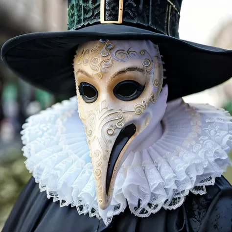 masterpiece, best quality, intricate photo, female pestdoctor wearing full face pest mask with long pointed nose, dressed in carnival costume, st. patricks day New York, hyper realistic, highly detailed, sharp focus, cozy outdoor lighting, high resolution, 8K, colorful, friendly colors, <lora:PlagueDoctorNew:0.7>
