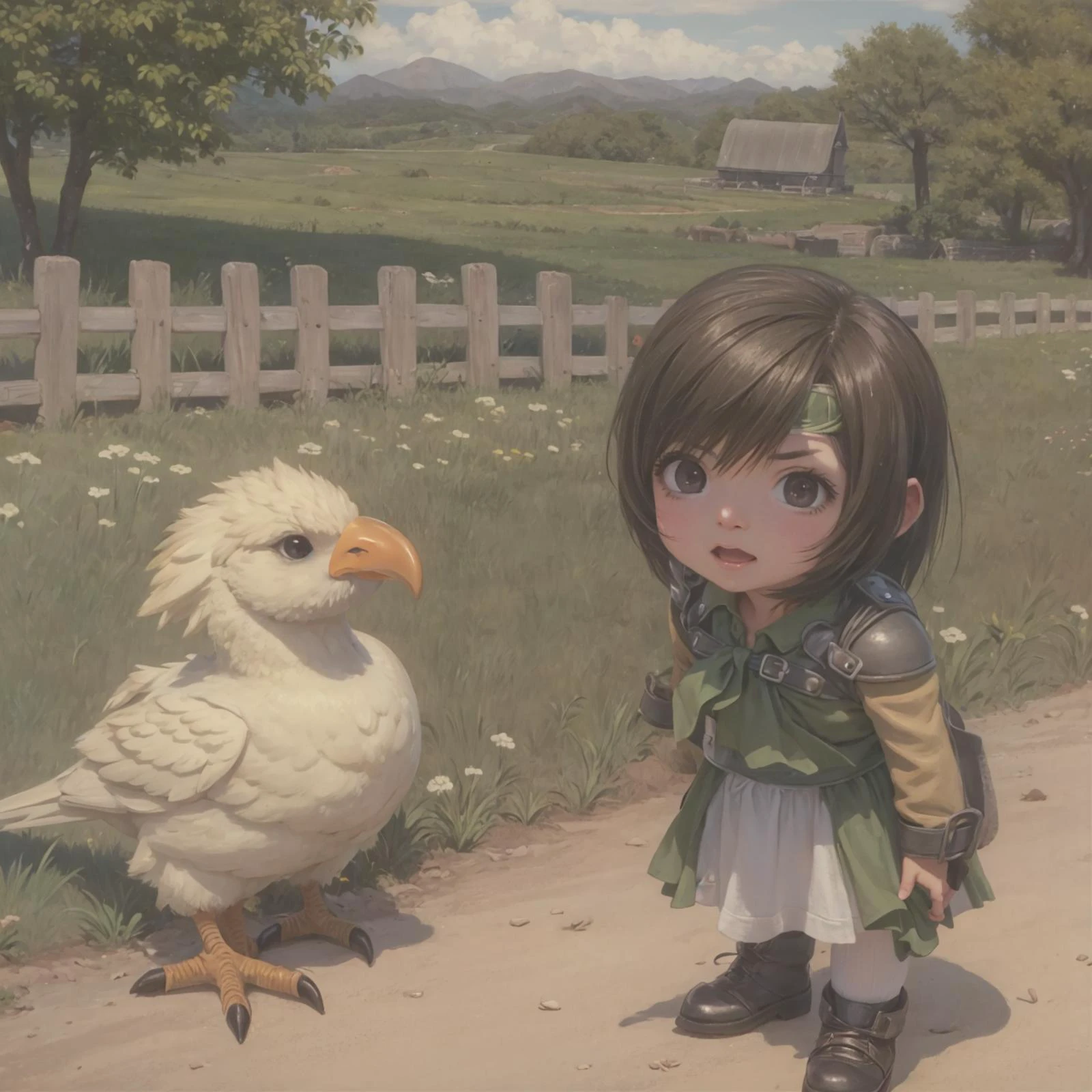chocobos, <lora:chocobo-nvwls-v1:0.5>, 1girl, yuffie kisaragi, <lora:yufi_kisaragi:1>, farm, <lora:hand 4:0.3>