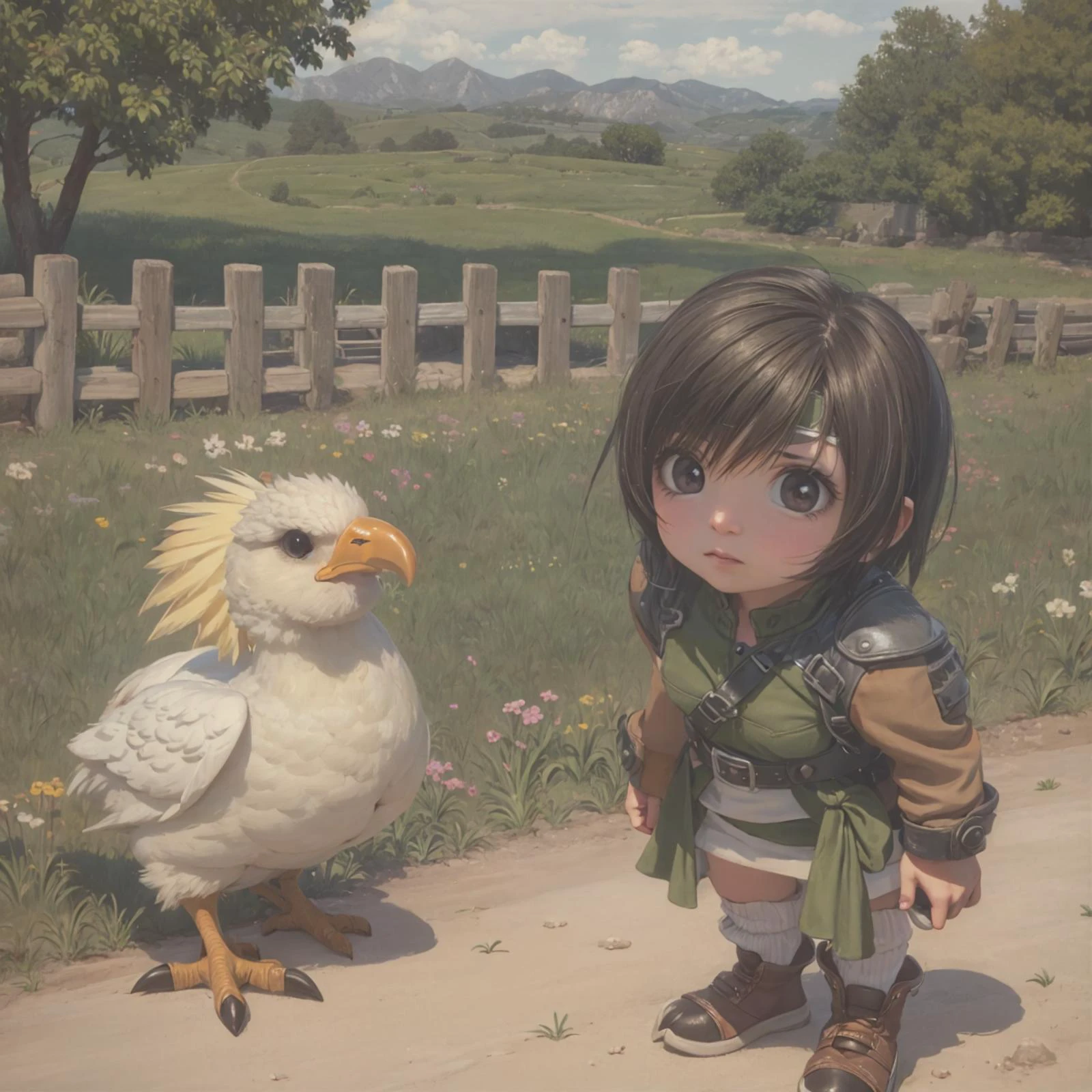chocobos, <lora:chocobo-nvwls-v1:0.5>, 1girl, yuffie kisaragi, <lora:yufi_kisaragi:1>, farm, <lora:hand 4:0.3>