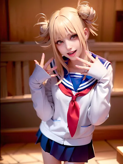 RAW photo, masterpiece, best quality, ultra detailed, ultra realistic, (photo realistic:1.4), cinematiclighting,1girl, solo,pureerosface v1,\[:\(detailed face:1.2\):0.2\],blush,shiny eyes, eye details,wide open big beautiful eyes,(looking at viewer),(bright golden eyes:1.5),(dark smoky makeup:1.6),(dark circles:1.5), collarbone, bangs,(TogaHimiko:1.2),[gold:white hair],(white school uniform, blue skirt:1.2),beautiful hands,five fingers on one hand, naughty face, open mouth,detailed teeth,(teeth:1.5),(crazy:1.5),(pointed long tiger teeth:1.5),(thin lips:1.2),<lora:koreanDollLikeness_v10:0.2>