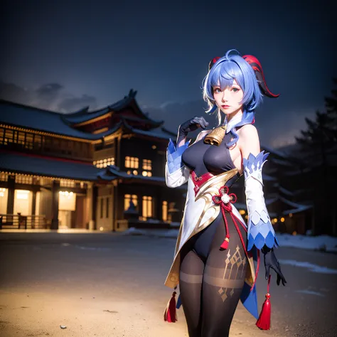 beautiful, realistic, high quality, blue hair, horns, masterpiece, (photorealistic:1.5), best quality, beautiful lighting, real life, ganyu \(genshin impact\), architecture, bangs, bare shoulders, bell, black gloves, black pantyhose, (blue hair), blush, breasts, chinese knot, detached sleeves, east asian architecture, flower knot, gloves, horns, long hair, looking at viewer, medium breasts, neck bell, night, outdoors, pantyhose, purple eyes, sidelocks, solo, tassel, white sleeves, intricate, high detail, sharp focus, dramatic, beautiful girl ,  full body, standing, (RAW photo, 8k uhd, film grain), caustics, subsurface scattering, <lora:ganyuGenshinImpact_offset:1> <lora:koreanDollLikeness_v15:0.3>