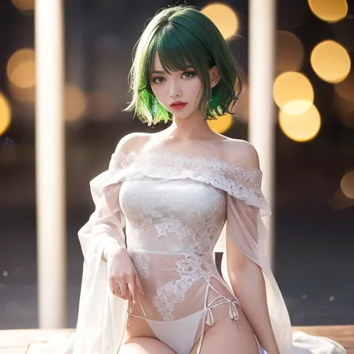 <lora:fashionGirl_v40:0.1>,(green hair, (green eyes, short hair,(wet clothes, wet body))
,(8k, RAW photo, best quality, masterpiece:1.2), unparalleled masterpiece, ultra realistic 8k CG, perfect artwork,
narrow waist, chinese deity, looking at viewer, seductive posture, sexy pose, alluring, clean, beautiful face, pure face, pale skin, divine goddess, shiny skin, skindentation,off shoulder,(see-through,white lace,white lace trim,white lace-trimmed legwear), delicate pattern, intricate detail, (rich:1.4), prestige, gorgeous, luxury, royal palace, jewelry, gem, gold, silver, diamond, glint, sapphire, ruby, emerald, pearl, amber, obsidian,(bokeh:1.4),