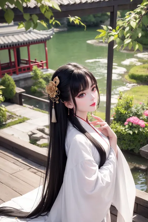 Best quality details,8K UHD, High definition, hyperdetailed, High quality detailed texture, High quality shadow, Detailed beautiful delicate face, Detailed beautiful delicate eyes, perspective, 20's, only one person,
(indoors + dark vibe + china courtyard + pond +  pavilion + peaceful + bridge + trees),
perfect body, medium breasts, thin waist, wide hips, ((black eyes)),
hair stick, hairpin, hair ornaments,
light smile, lovely face, slender face, fair white skin, glowing eyes, glossy lips, bags_under_eyes, pale pink lip, beautiful eyes, eyelashes, Thin lips, (noble girl), eyeshadow, makeup, eyeliner, perfect face, <lora:fashionGirl_v36Fix:0.2>,
shawl, hagoromo, hanfu,  detailed clothes, <lora:elegantHanfuRuqun_v10:0.5>, chinese pattern dress,