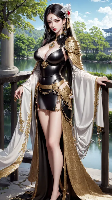 Best quality details,8K UHD, High definition, hyperdetailed, High quality detailed texture, ((perfect female figure)), High quality shadow, Detailed beautiful delicate face, Detailed beautiful delicate eyes, perspective,only one person,(huge breasts,breasts out), (indoors + dark vibe + china courtyard + pond + pavilion + peaceful + bridge + trees), perfect body,  thin waist, wide hips, ((black eyes)), (black hair),(armor:1.4),hair stick,sexy pose, hairpin, hair ornaments, light smile, lovely face, slender face, fair white skin, glowing eyes, glossy lips, bags_under_eyes, pale pink lip, beautiful eyes, eyelashes, Thin lips, (noble girl), eyeshadow, makeup, eyeliner, perfect face,  shawl, hagoromo, detailed clothes, (rich:1.4), prestige, gorgeous, luxury, lace, lace trim,royal palace, jewelry, gem, gold, silver, diamond, glint, sapphire, ruby, emerald, pearl, amber, obsidian, jewelry, gem, glint, beautiful, gorgeous, charismatic, charming,  gothic, fantasy, divine, clean, rich, prestige, fantastic, supreme, apex, paramount, goddess, lace, lace trim, delicate pattern, shiny skin, gold, royal,super idol face,messy hair, perfect lighting, (detailedlight),((anextremelydelicateandbeautiful)),dramatic_shadow,ray_tracing,