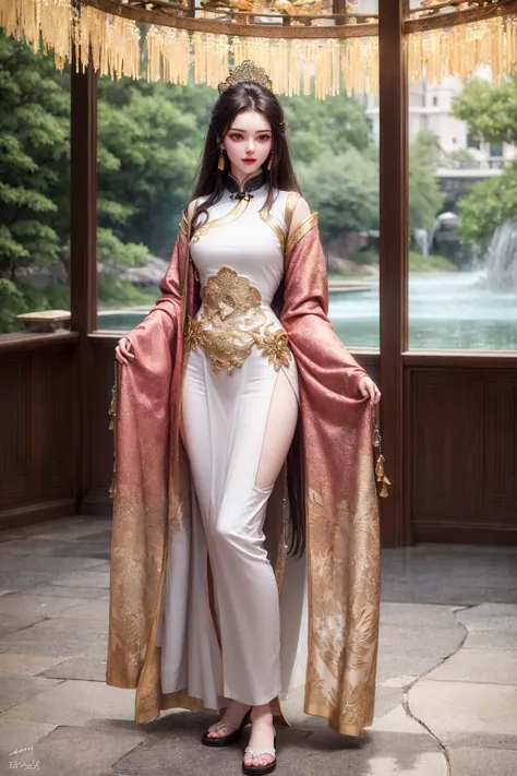 unparalleled masterpiece, ultra realistic 8k CG, perfect artwork, ((perfect female figure)),mature female, milf, narrow waist, chinese deity, seductive posture, sexy pose, alluring, clean, beautiful face, pure face, pale skin, absurdly long hair, divine goddess, shiny skin, skindentation,delicate pattern, intricate detail, (rich:1.4),fantasy, divine, clean, rich, prestige, fantastic, supreme, apex, paramount, goddess, lace, lace trim, delicate pattern, shiny skin, gold, royal, queen, supernatural, phenomenal, fabulous, marvelous, stupendous, terrific, spotlight, extremely detailed face, super idol face,messy hair, perfect lighting, (detailedlight),((anextremelydelicateandbeautiful)),dramatic_shadow,ray_tracing , seductive smile,((standing, full body,))
<lora:elegantHanfuRuqun_v10:0.2>,ancient china background, china patterns, shawl, hagoromo, hanfu, detailed clothes,chinese pattern dress, (indoors + dark vibe + china courtyard + pond + pavilion + peaceful + bridge + trees), <lora:fashionGirl_v20SmallFileSize:0.9>