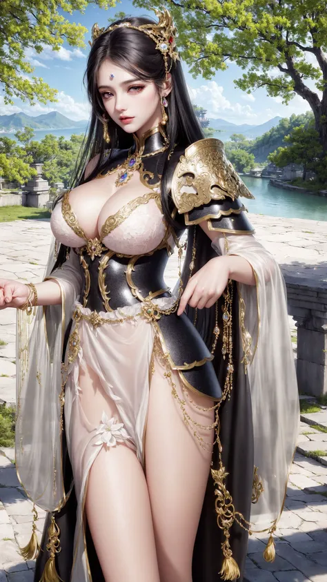 Best quality details,8K UHD, High definition, hyperdetailed, High quality detailed texture, ((perfect female figure)), High quality shadow, Detailed beautiful delicate face, Detailed beautiful delicate eyes, perspective,only one person,(huge breasts,breasts out), (indoors + dark vibe + china courtyard + pond + pavilion + peaceful + bridge + trees), perfect body, thin waist, wide hips, ((black eyes)), (black hair),(armor:1.4),hair stick,sexy pose, hairpin, hair ornaments, light smile, lovely face, slender face, fair white skin, glowing eyes, glossy lips, bags_under_eyes, pale pink lip, beautiful eyes, eyelashes, Thin lips, (noble girl), eyeshadow, makeup, eyeliner, perfect face, shawl, hagoromo, detailed clothes, (rich:1.4), prestige, gorgeous, luxury, lace, lace trim,royal palace, jewelry, gem, gold, silver, diamond, glint, sapphire, ruby, emerald, pearl, amber, obsidian, jewelry, gem, glint, beautiful, gorgeous, charismatic, charming, gothic, fantasy, divine, clean, rich, prestige, fantastic, supreme, apex, paramount, goddess, lace, lace trim, delicate pattern, shiny skin, gold, royal,super idol face,messy hair, perfect lighting, (detailedlight),((anextremelydelicateandbeautiful)),dramatic_shadow,ray_tracing,