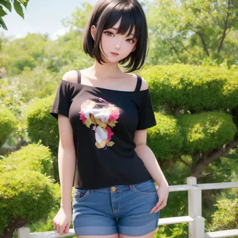 (masterpiece:1.2), (best quality:1.2), (ultra-detailed), (high quality:1.3), (high resolution), (Masterpiece:1.2), best quality, (delicate details:1.5, anime style, beautiful_detailed_face, , 1girl, beautiful_detailed_eyes, standing, lovely black hair, absurdly short hair,cute T-shirt and short pants,black eyes, looking at viewer, light smile, outdoor,(ahegao:0.1),