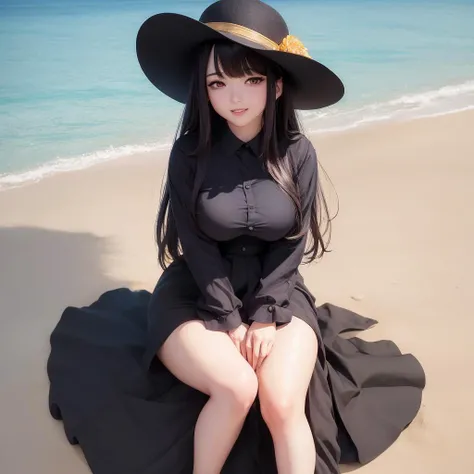 (masterpiece:1.2), (best quality:1.2), (ultra-detailed), (high quality:1.3), (high resolution), (Masterpiece:1.2), best quality, (delicate details:1.5, anime style, beautiful_detailed_face, , 1girl, beautiful_detailed_eyes, standing,sandy beach,plump, lovely black hair, absurdly bobbed hair,hat with a brim,Button Shirts,long skirts,black eyes, looking at viewer, light smile, outdoor,(ahegao:0.5),viewfinder