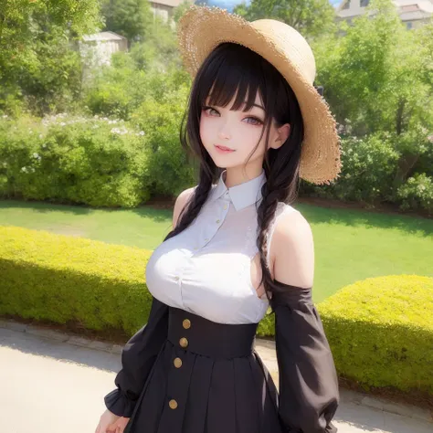 (masterpiece:1.2), (best quality:1.2), (ultra-detailed), (high quality:1.3), (high resolution), (Masterpiece:1.2), best quality, (delicate details:1.5, anime style, beautiful_detailed_face, , 1girl, beautiful_detailed_eyes, standing, lovely black hair, absurdly bobbed hair,straw hat,Button Shirts,long skirts,black eyes, looking at viewer, light smile, outdoor,(ahegao:0.1),