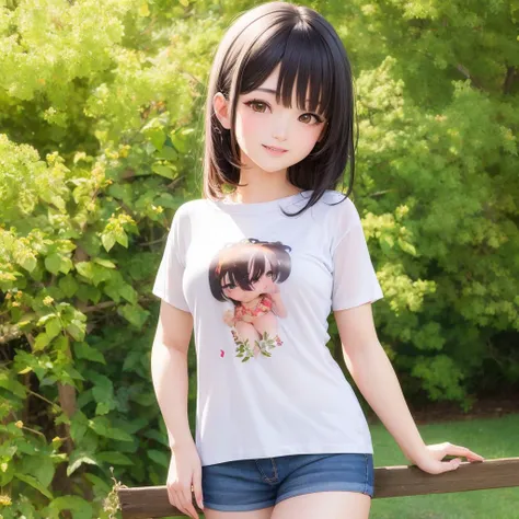 (masterpiece:1.2), (best quality:1.2), (ultra-detailed), (high quality:1.3), (high resolution), (Masterpiece:1.2), best quality, (delicate details:1.5, anime style, beautiful_detailed_face, , 1girl, beautiful_detailed_eyes, standing, lovely black hair, absurdly bobbed hair,cute T-shirt and short pants,black eyes, looking at viewer, light smile, outdoor,(ahegao:0.1),