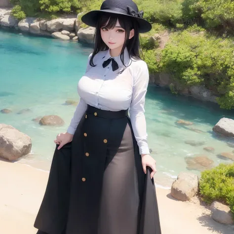 (masterpiece:1.2), (best quality:1.2), (ultra-detailed), (high quality:1.3), (high resolution), (Masterpiece:1.2), best quality, (delicate details:1.5, anime style, beautiful_detailed_face, , 1girl, beautiful_detailed_eyes, standing,sandy beach,plump, lovely black hair, absurdly bobbed hair,hat with a brim,Button Shirts,long skirts,black eyes, looking at viewer, light smile, outdoor,(ahegao:0.5),balancing,viewfinder,looking down