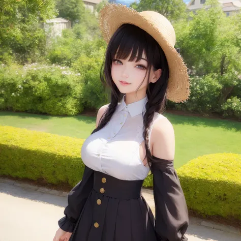 (masterpiece:1.2), (best quality:1.2), (ultra-detailed), (high quality:1.3), (high resolution), (Masterpiece:1.2), best quality, (delicate details:1.5, anime style, beautiful_detailed_face, breast, 1girl, beautiful_detailed_eyes, standing, lovely black hair, absurdly bobbed hair,straw hat,Button Shirts,long skirts,black eyes, looking at viewer, light smile, outdoor,(ahegao:0.1),