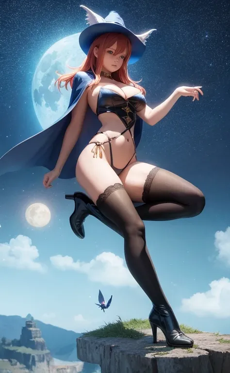 ara ara, horney, one piece, seductive posture, sexy pose, mature female, milf, multiple color hair, narrow waist, ((perfect female figure)), skindentation,  masterpiece, ultra detailed, 8k, 4k, mature_female, masterpiece, best quality, ultra-detailed, illustration, 1girl, solo, fantasy, flying, night sky, outdoors, magic, spells, moon, stars, clouds, wind, hair, cape, hat, boots,  glowing, mysterious, enchanting, whimsical, playful, adventurous, freedom, wonder, imagination, determination, skill, speed, movement, energy, realism, naturalistic, figurative, representational, beauty, fantasy culture, mythology, fairy tales, folklore, legends, witches, wizards, magical creatures, fantasy worlds, composition, scale, foreground, middle ground, background, perspective, light, color, texture, detail, beauty, wonder, redhead,