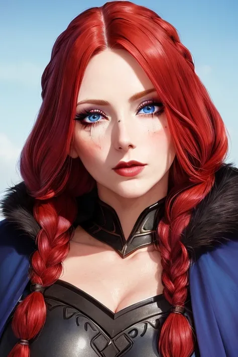 masterpiece, best quality, 8K, 1girl, older MILF, red hair, vibrant blue eyes, long hair with fringe, braids, black makeup, (mole under eye)  <lora:fantasyEyesLORA_ffyy01:0.2> detailed_eyes, thick_eyelashes, ((close_up, portrait)), (outdoor background), fantasy, armor, fur lined cloak, eyepatch, facial scars  <lora:dragonsCrownStyleHappy_dragonscrown768:0.1>