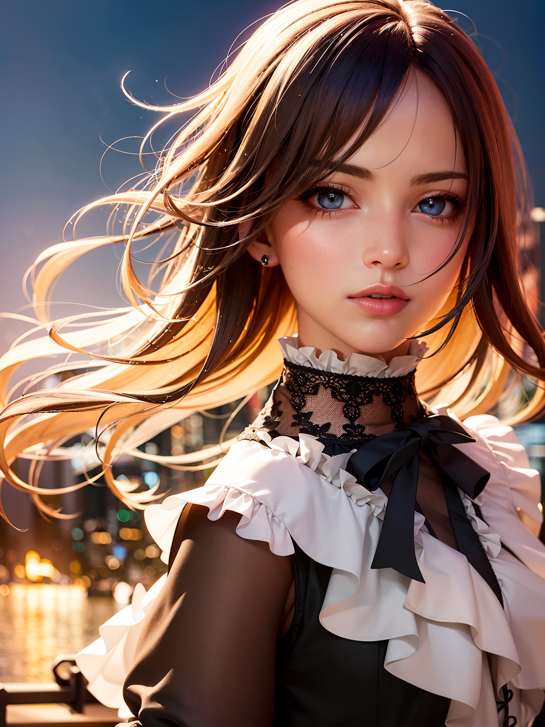 A close up of a woman with long hair and a black and white dress ...