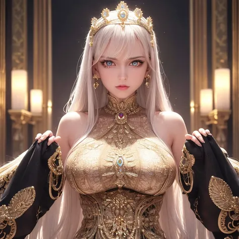 ultra realistic 8k cg, epic, (royal palace), royal, ((rich, prestige)), perfect artwork, masterpiece, picture-perfect face, perfect face, beautiful face, ((perfect female body)),  charming, seductive, erotic, alluring, enchanting,  mature female, narrow waist, gorgeous goddess, deity, divine queen, absurdly long hair, black hair,light blue eyes, glowing eyes, piercing eyes, looking at viewer,  ((intricate detail, delicate pattern)), science fiction, jewelry, gem, gold, diamond, <lora:koreanDollLikeness_v10:0.2> <lora:mikuya_v15:0.2>