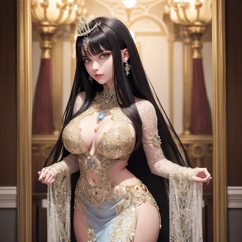 ultra realistic 8k cg, epic, (royal palace), royal, ((rich, prestige)), perfect artwork, masterpiece, picture-perfect face, perfect face, beautiful face, ((perfect female body)), charming, seductive, erotic, alluring, enchanting, mature female, narrow waist, gorgeous goddess, deity, divine queen, absurdly long hair, black hair,light blue eyes, glowing eyes, piercing eyes, looking at viewer, ((intricate detail, delicate pattern)), science fiction, jewelry, gem, gold, diamond, <lora:koreanDollLikeness_v10:0.2> <lora:mikuya_v15:0.2>