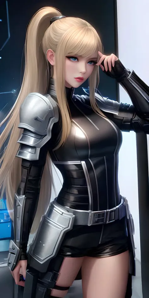 extremely mighty and beautiful,Long blonde Perfect High Ponytail Sniper,middle part bangs/fringe:1.2,alert expression,dislike face,arrogant,angry,future warrior:1.4,Titanium armor:1.4,silver armor,Jumpsuit tights:1.2,ear phone:1.6,cyberpunk,science fiction,British,lipgloss,eyelashes,light skin,beauty face,makeup, gloss-face,blue eyes, narrow waist,sexy, charming, seductive, erotic, alluring, looking at viewer,masterpiece, <lora:tifaMeenow_tifaV2:0.4>, <lora:fashionGirl_v50:0.4>,<lora:rpg_V4:0.2>