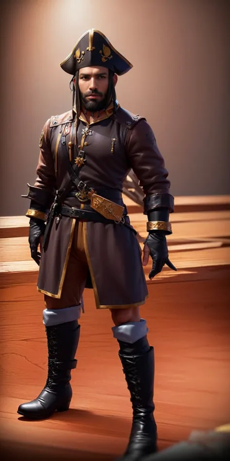 (Male Captain (PIRATE:1.3),godlike, sexy, charming, ruggedly handsome man, swarthy, swashbuckling, broad-chested, strong, thick arms, thick legs, ((strong black beard:1.4)), goatee, pirate hat with feathers, long hair, pony tail, wearing pirate captain's jacket, lace, lace trim, (high heeled thigh boots:1.4)), elaborate (gorget, earrings, bracelet, rings, piercings), (rich:1.4), prestige, luxury, jewelry, diamond, gold, pearl, gem, sapphire, ruby, emerald, highly intricate detail, delicate pattern, (in dark rustic fantasy tavern:1.6), fantastic, dreamlike, unreal, in the style of (ultra realistic 8k 32K HDR Photo, flawless, clean, masterpiece, professional artwork, famous artwork, cinematic lighting, cinematic bloom, soft lighting, indirect lighting, cloudy day lighting), ((piratecore,princecore,captaincore:1.4))<lora:adventurers_v1:0.3>