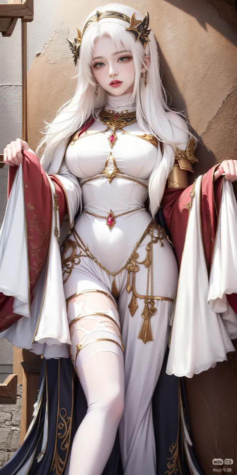 (gorgeous ((white-haired:1.4)) CLERIC:1.2), (tavern girl opening her robes:1.4), royal queen, divine, goddess, godlike, sexy, charming, alluring, seductive, erotic, enchanting, with perfect face, beautiful face, beautiful eyes, ((perfect female body, perfect narrow waist, perfect ankles, perfect feet, perfect wrists, perfect hands, perfect breasts)), (large jutting breasts with swollen peaks tenting the material of her clothing:1.6), long hair, updo, buns, pony tail, wearing beautiful clothes, lace, lace trim, lingerie, (lace-trimmed legwear, stockings, thick thighs:1.2), (high heeled shoes:1.4), (loincloth,belts,straps,garter,thong), elaborate (hair ornament, necklace, gorget, earrings, bracelet, armlet, rings, piercings), (rich:1.4), prestige, luxury, jewelry, diamond, gold, pearl, gem, sapphire, ruby, emerald, highly intricate detail, delicate pattern, (in dark rustic fantasy tavern:1.6), fantastic, dreamlike, unreal, in the style of (ultra realistic 8k 32K HDR Photo, flawless, clean, masterpiece, professional artwork, famous artwork, cinematic lighting, cinematic bloom, soft lighting, indirect lighting, cloudy day lighting), ((muslimcore,princesscore,priestesscore,nuncore:1.4)),((BDSM:1.4)),((SFW:1.4)), (ulzzang-6500-v1.1:0.8)(RED LIPS),MAKEUP(deep hot strong blush:1.9)<lora:fashionGirl_v50:0.6><lora:adventurers_v1:0.6>WAR_GLAM,WEARING WAR_GLAM,ARMOR<lora:warriorPrincesses_v10:0.2>