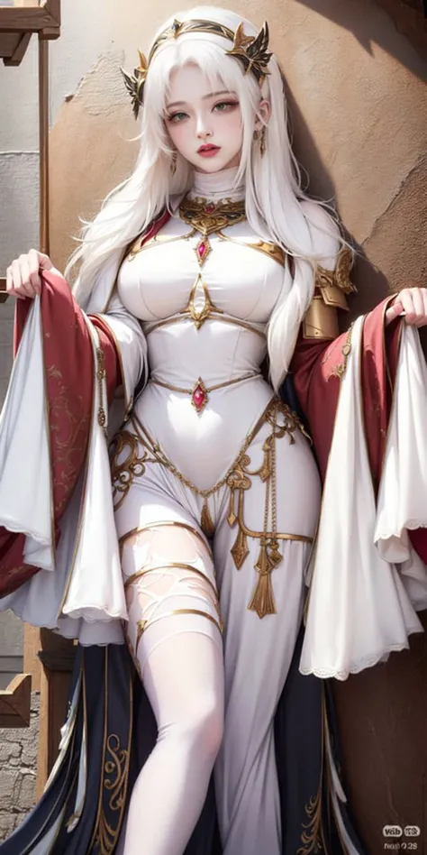 (gorgeous ((white-haired:1.4)) CLERIC:1.2), (tavern girl opening her robes:1.4), royal queen, divine, goddess, godlike, sexy, charming, alluring, seductive, erotic, enchanting, with perfect face, beautiful face, beautiful eyes, ((perfect female body, perfect narrow waist, perfect ankles, perfect feet, perfect wrists, perfect hands, perfect breasts)), (large jutting breasts with swollen peaks tenting the material of her clothing:1.6), long hair, updo, buns, pony tail, wearing beautiful clothes, lace, lace trim, lingerie, (lace-trimmed legwear, stockings, thick thighs:1.2), (high heeled shoes:1.4), (loincloth,belts,straps,garter,thong), elaborate (hair ornament, necklace, gorget, earrings, bracelet, armlet, rings, piercings), (rich:1.4), prestige, luxury, jewelry, diamond, gold, pearl, gem, sapphire, ruby, emerald, highly intricate detail, delicate pattern, (in dark rustic fantasy tavern:1.6), fantastic, dreamlike, unreal, in the style of (ultra realistic 8k 32K HDR Photo, flawless, clean, masterpiece, professional artwork, famous artwork, cinematic lighting, cinematic bloom, soft lighting, indirect lighting, cloudy day lighting), ((muslimcore,princesscore,priestesscore,nuncore:1.4)),((BDSM:1.4)),((SFW:1.4)), (ulzzang-6500-v1.1:0.8)(RED LIPS),MAKEUP(deep hot strong blush:1.9)<lora:fashionGirl_v50:0.6><lora:adventurers_v1:0.6>WAR_GLAM,WEARING WAR_GLAM,ARMOR<lora:warriorPrincesses_v10:0.2>