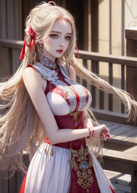 Best quality details,8K UHD, High definition, hyperdetailed, High quality detailed texture, ((perfect female figure)), High quality shadow, Detailed beautiful delicate face, Detailed beautiful delicate eyes, perspective,only one person,(huge breasts,breasts out), (indoors + dark vibe + china courtyard + pond + pavilion + peaceful + bridge + trees), perfect body, thin waist, wide hips, ((red eyes)), (platinum blond hair),(white and red armored dress:1.4),hair stick,sexy pose, hairpin, hair ornaments, light smile, lovely face, slender face, fair white skin, glowing eyes, glossy lips, bags_under_eyes, pale pink lip, beautiful eyes, eyelashes, Thin lips, (noble girl), eyeshadow, makeup, eyeliner, perfect face, shawl, hagoromo, detailed clothes, (rich:1.4), prestige, gorgeous, luxury, lace, lace trim,royal palace, jewelry, gem, gold, silver, diamond, glint, sapphire, ruby, emerald, pearl, amber, obsidian, jewelry, gem, glint, beautiful, gorgeous, charismatic, charming, gothic, fantasy, divine, clean, rich, prestige, fantastic, supreme, apex, paramount, goddess, lace, lace trim, delicate pattern, shiny skin, gold, royal,super idol face,messy hair, perfect lighting, (detailedlight),((anextremelydelicateandbeautiful)),dramatic_shadow,ray_tracing,