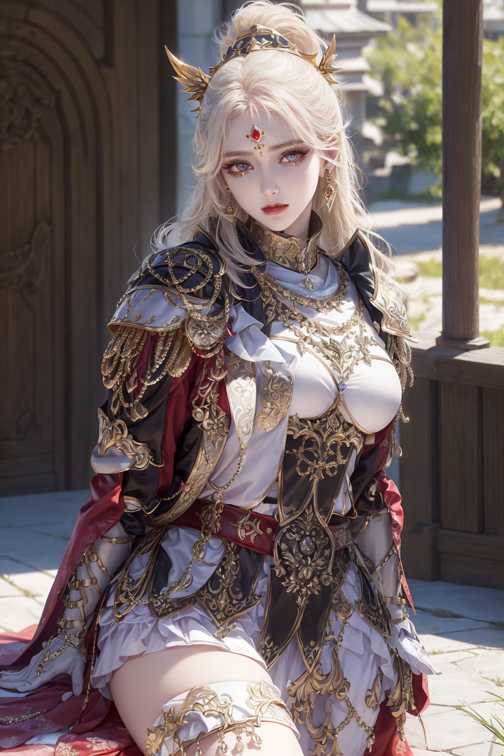 A woman in a costume sitting on a bench with a sword - SeaArt AI