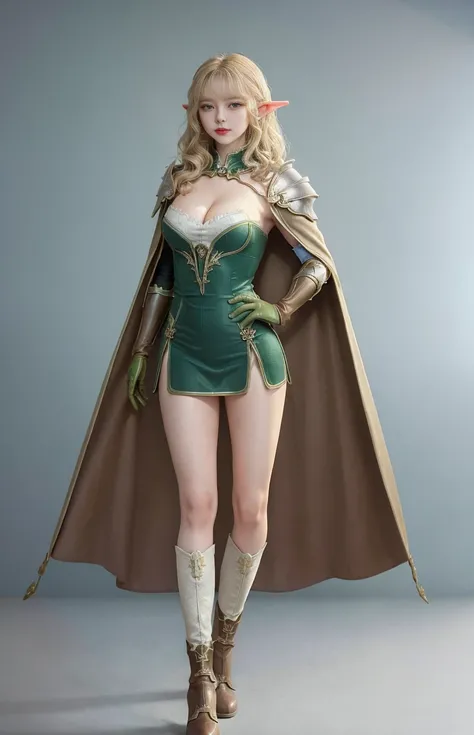 {an extremely delicate and beautiful girl}, 8k wallpaper, {{{masterpiece}}},1girl, blonde_hair, boots, brown_cape, brown_footwear, cape, cloak, dress, elf, fantasy, full_body, gloves, green_cape, green_dress, lips, long_hair, pointy_ears, shoulder_armor, simple_background, solo, standing, thigh_strap, weapon, white_background, white_cape, (((full body))), (cleavage), detailed cloth texture, ulzzang-6500-v1.1, <hypernet:gigantomastia_:0.45> <lora:hipoly3DModelLora_v10:0.5> <lora:breastinclassBetter_v141:0.4> <lora:koreanDollLikeness_v15:0.5>