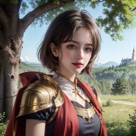 1women with blonde short hair, (black dress|1, armor|0.2, bikini|0.4), lace border, with sword in 1hand, (red cape:1.1), ivory skin, frill, looking at another, (golden eyes:1.2), beautiful face, beautiful detailed eyes, smile, print armor, 
epic, cinemagraph, cinematic, cinematic lighting and shadows, upper body, portrait of beautiful paladin princess, golden atmosphere, many branch, (fir tree:1.2), 
living in the forest, from side, volumetric lighting, (hidden castle in the background:1.2), dark forest, morning, black cloud, action scene, (medieval:1.2), 
masterpiece, best quality, 8k, very detailed, highly detailed, textured hair, finely detailed, oil painting, 
<lora:hipoly3DModelLora_v10:0.3> <lora:fashionGirl_v50:0.6> <lora:ajin01:0.4>