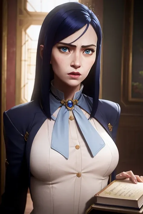 arcane style, 1girl, solo, long hair, bangs, caityln, mature body, (naked:1.2), letterboxed, book, closed mouth, blue eyes, jacket, shiny hair, blue hair, upper body, looking at viewer, shiny, white ascot, brooch, (beautiful), (masterpiece:1.2), 4K, high resolution, indoors, (realistic), perfect breasts, serious, angry <lora:arcaneStyleLora_offset:1>