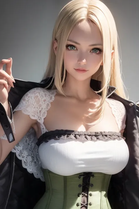 1girl,((Black edged corset)),Lace shawl,capelet,shawl, ultra realistic 8k cg,blonde hair,perfect face,beautiful face,very long hair,straight hair,green eyes,(white tube top),coat on shoulders, epic,open coat, grey coat,corset,white camisole, looking at viewer, mature female, A seductive smile,closed mouth,