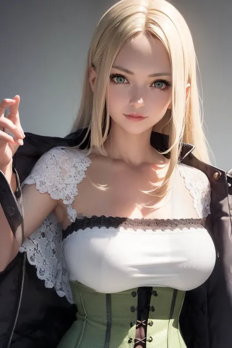 1girl,((Black edged corset)),Lace shawl,capelet,shawl, ultra realistic 8k cg,blonde hair,perfect face,beautiful face,very long hair,straight hair,green eyes,(white tube top),coat on shoulders, epic,open coat, grey coat,corset,white camisole, looking at viewer, mature female, A seductive smile,closed mouth,