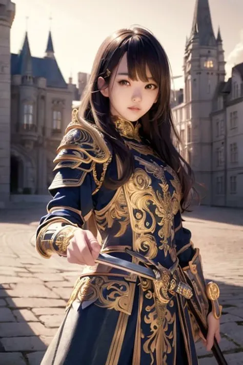 (original: 1.2), (realistic: 1.5),absurdres, incredibly absurdres, ultra detail, high resolution, ultra detailed, best quality, amazing, top quality, extremely detailed CG unity 8k wallpaper, cinematic lighting,1girl, ((asian face)), ((ornate armor:1.6)), (Armed Knight,Tungsten armour,dark armour, sword:1.2), pose, ((paladin girl)), (perfect shiny skin:0.6),looking at viewer,long hair, curly hair, slim and smooth lines, slender waist,,dynamic pose,fighting pose, (background old castle),<lora:adventurers_v1:0.7>,  <lora:yurisaLora_v30:0.3>