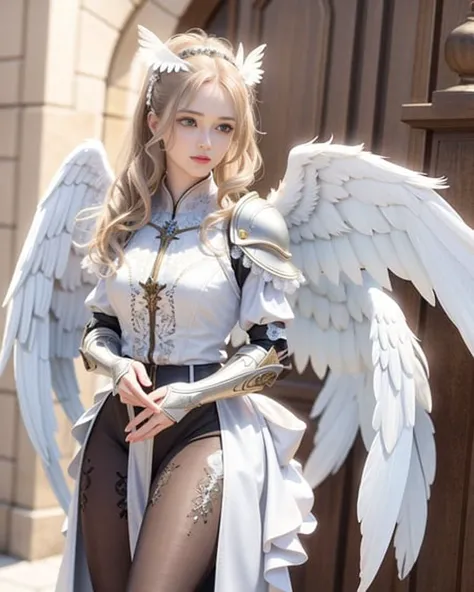 ultra realistic 8k cg, picture-perfect face, flawless, clean, masterpiece, professional artwork, famous artwork, cinematic lighting, cinematic bloom, perfect face, beautiful face, beautiful eyes, (perfect female body, narrow waist), (cleric suit, Lace, armor), (angel wings, angel, white wings:1.33), fantasy, dreamlike, intricate detail, delicate pattern, charming <lora:hipoly3DModelLora_v10:0.2> <lora:adventurers_v1:0.33> <lora:cuteGirlMix4_v10:0.45>