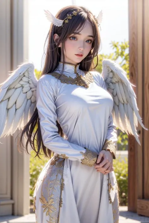 ultra realistic 8k cg, picture-perfect face, flawless, clean, masterpiece, professional artwork, famous artwork, cinematic lighting, cinematic bloom, perfect face, beautiful face, beautiful eyes, (perfect female body, narrow waist), (cleric suit, Lace, armor), (breasts out, beautiful clothes, nsfw, breasts out, sexy pose:0.7), (angel wings, angel, white wings:1.33), fantasy, dreamlike, intricate detail, delicate pattern, charming <lora:hipoly3DModelLora_v10:0.2> <lora:adventurers_v1:0.33> <lora:cuteGirlMix4_v10:0.45>