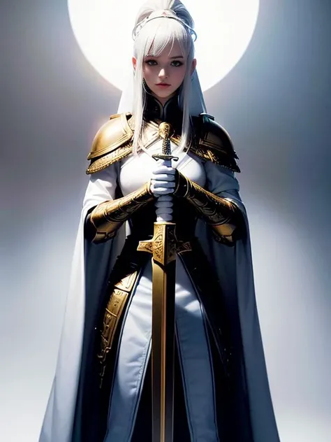 best quality ,masterpiece, illustration, an extremely delicate and beautiful, extremely detailed ,CG ,unity ,8k wallpaper, Amazing, finely detail, best quality, official art, ultra-detailed, highres,
a female fighter, (slim tall girl),
extremely detailed face, extremely delicate beautiful face, detailed eyes, detailed hands,
(((white plate armor))),((white plate armor cloth)), ((white plate armor leggings)), ((white plate armor thigh)), (((white cloak))),(((hands holding golden sword))),
(smaller head), (silver hair), ponytail, leggy, long straight legs, slim thigh, thin thigh,
facing viewer,